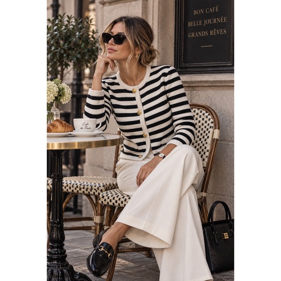 Goelia Sweaters - GOELIA Wool Cardigan L(8) Black White Breton Stripe Gold Button Parisian Coastal